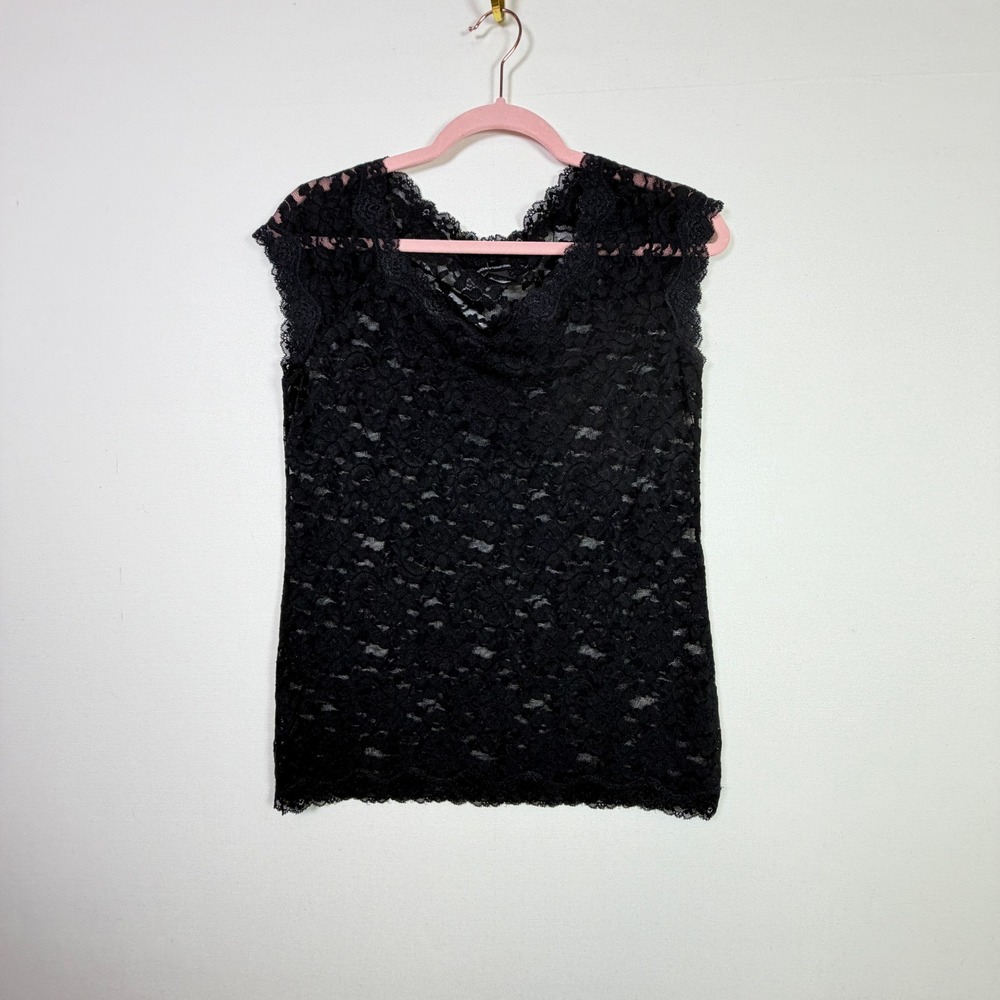MODA INTERNATIONAL Black Lace Cowl Neck Scalloped Trim Sleeveless Top Medium